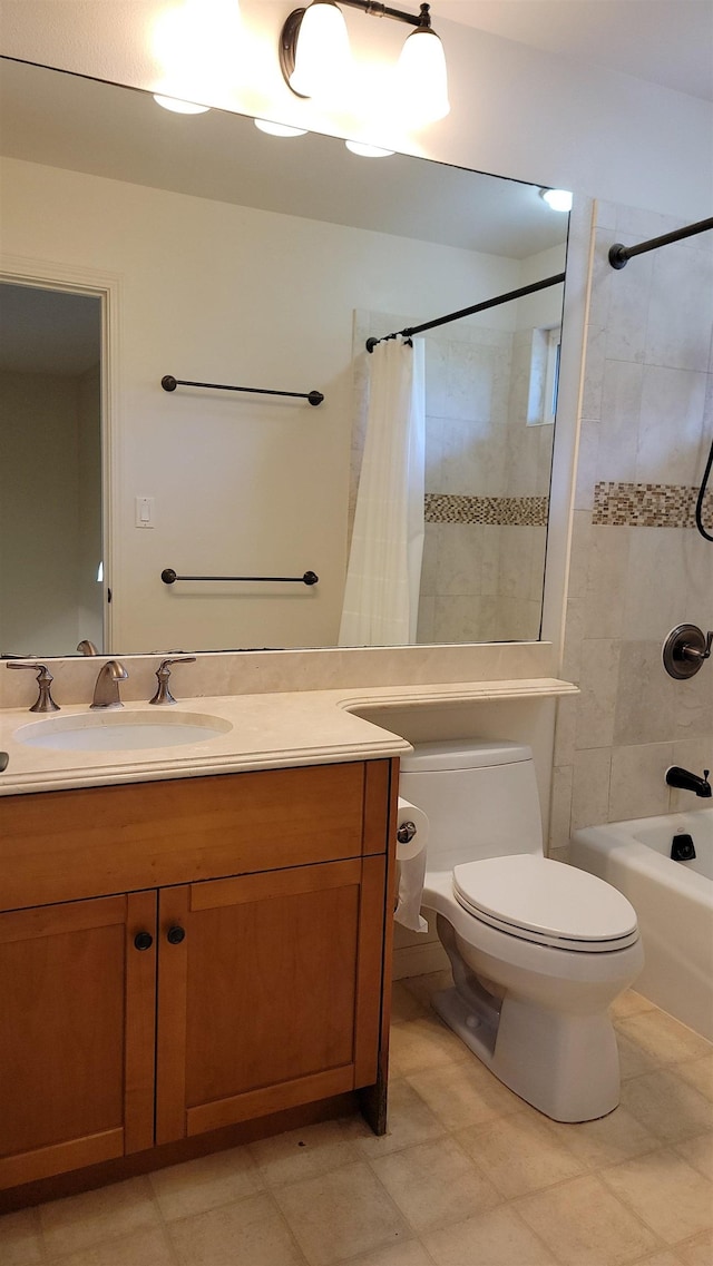 bathroom with toilet, shower / bathtub combination with curtain, vanity, and tile patterned floors