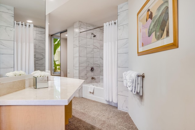 bathroom featuring shower / bath combination with curtain and vanity