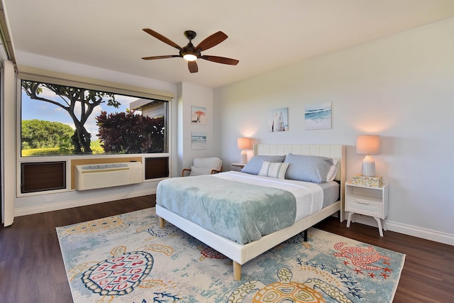 bedroom featuring dark hardwood / wood-style floors and ceiling fan