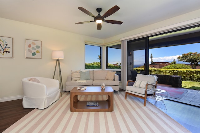 living room with hardwood / wood-style floors and ceiling fan