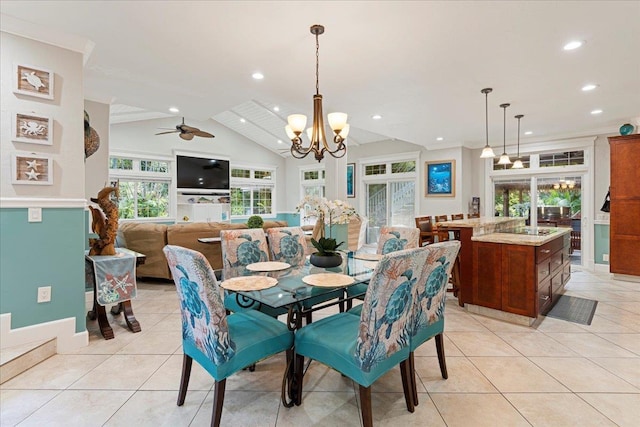 440 Mikioi Pl, Kihei, HI 96753 - dining room with light tile patterned flooring, a chandelier, recessed lighting, lofted ceiling, and ceiling fan