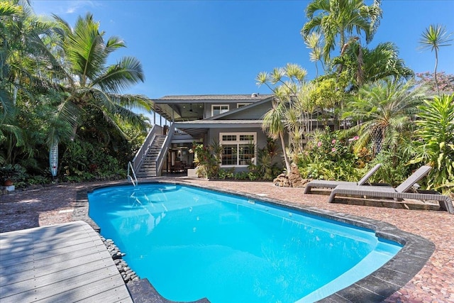 view of swimming pool with a patio and ceiling fan