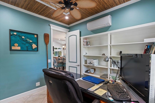 tiled office featuring crown molding, a wall mounted AC, wood ceiling, and ceiling fan