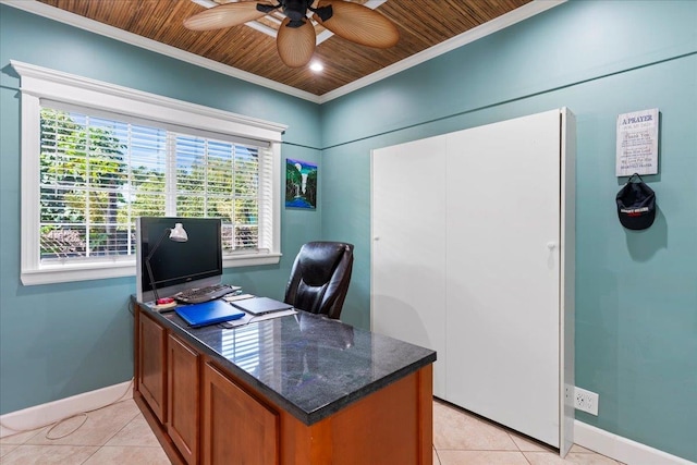 tiled office with wood ceiling, ornamental molding, and ceiling fan