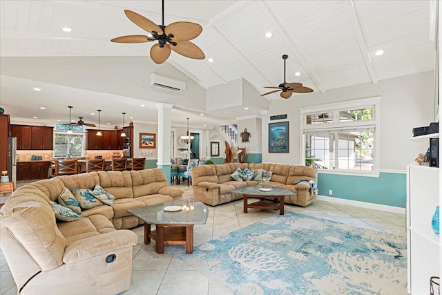 living room featuring light tile patterned floors, high vaulted ceiling, a wall mounted AC, and a wealth of natural light