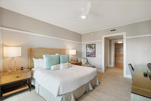 bedroom with light colored carpet, visible vents, ceiling fan, and baseboards