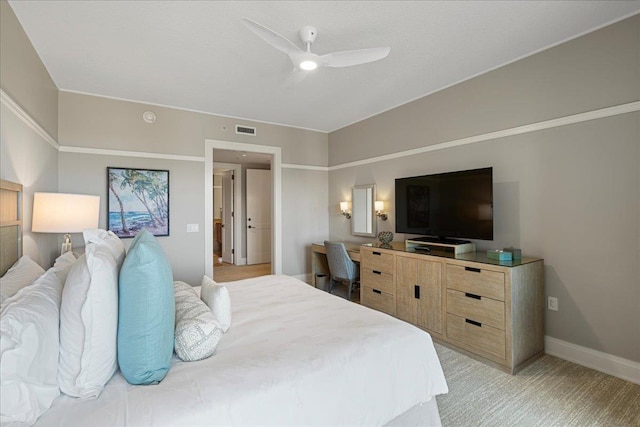 bedroom with visible vents, ceiling fan, and baseboards