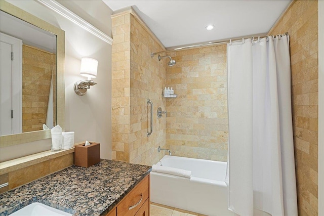 bathroom with vanity and shower / bath combo with shower curtain