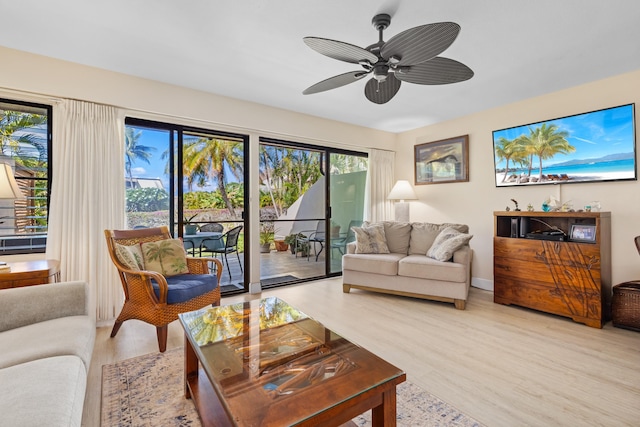 living room featuring ceiling fan and light hardwood / wood-style flooring