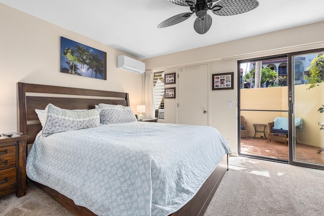 carpeted bedroom with ceiling fan, an AC wall unit, and access to outside