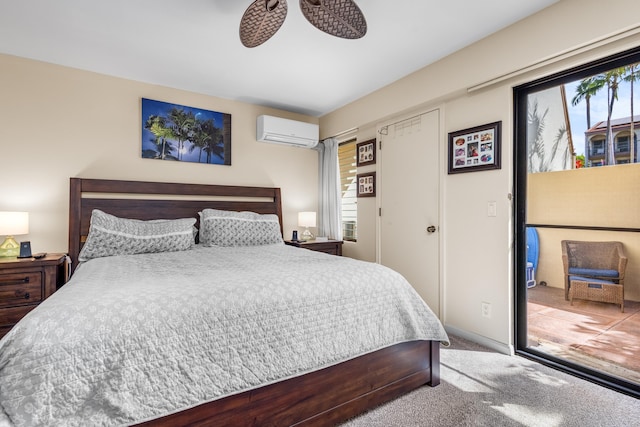 bedroom with carpet flooring, ceiling fan, a wall mounted AC, and multiple windows