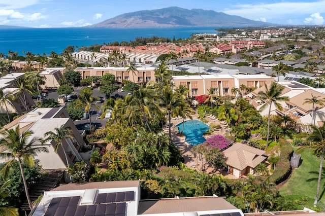 bird's eye view featuring a water and mountain view