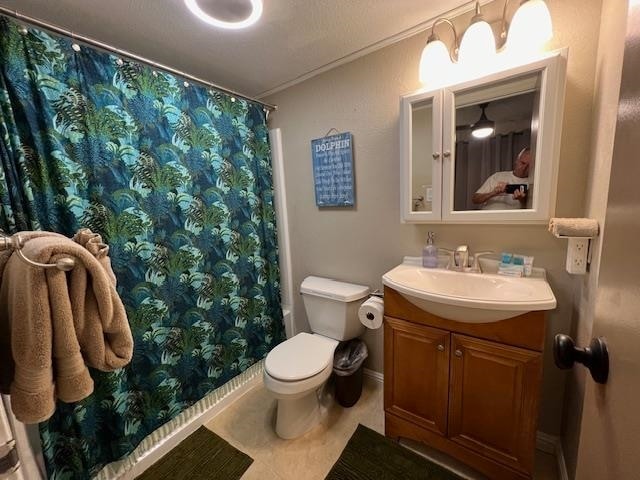 bathroom with vanity, toilet, and a shower with shower curtain