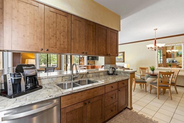 kitchen featuring kitchen peninsula, crown molding, sink, an inviting chandelier, and dishwasher