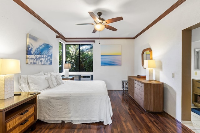 bedroom with ceiling fan, crown molding, and dark wood-type flooring