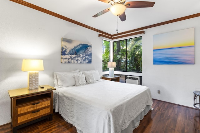 bedroom featuring ornamental molding, ceiling fan, and dark wood-type flooring