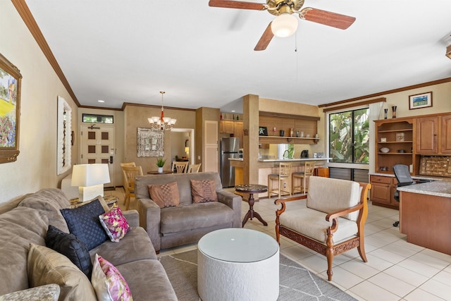 tiled living room featuring ceiling fan with notable chandelier and crown molding