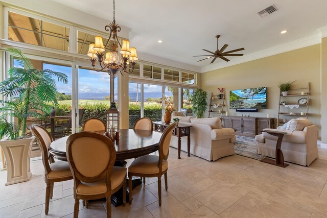 2563 Umeke Cir Unit 64, Kihei, HI 96753 - dining room with crown molding, a chandelier, ceiling fan, and recessed lighting