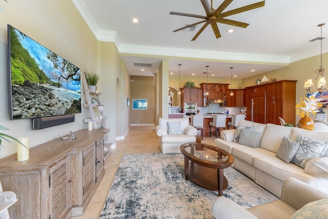 2563 Umeke Cir Unit 64, Kihei, HI 96753 - living area featuring ceiling fan, a chandelier, ornamental molding, recessed lighting, and light tile patterned flooring