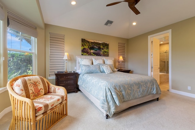 2563 Umeke Cir Unit 64, Kihei, HI 96753 - bedroom with light colored carpet, baseboards, lofted ceiling, recessed lighting, and connected bathroom