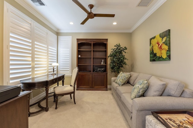 2563 Umeke Cir Unit 64, Kihei, HI 96753 - home office featuring a ceiling fan, light carpet, recessed lighting, crown molding, and plenty of natural light