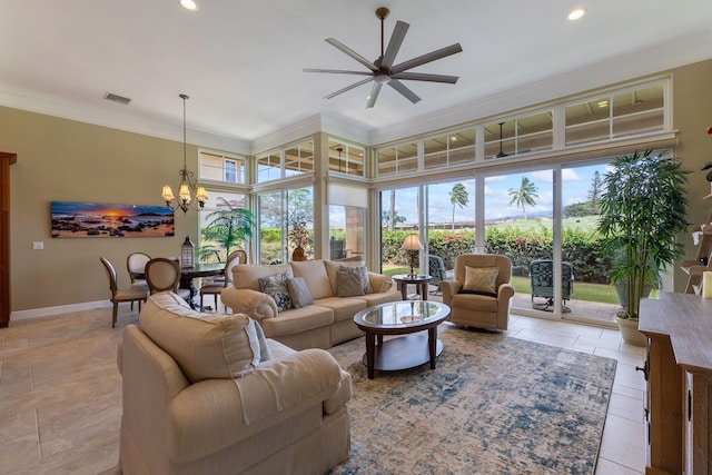 2563 Umeke Cir Unit 64, Kihei, HI 96753 - living room with healthy amount of natural light, ceiling fan, a chandelier, baseboards, and crown molding