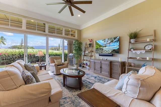 2563 Umeke Cir Unit 64, Kihei, HI 96753 - living area with a ceiling fan, crown molding, and recessed lighting
