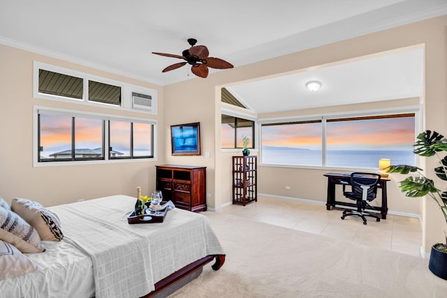 carpeted bedroom with baseboards, ornamental molding, multiple windows, and tile patterned flooring