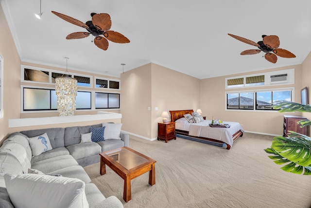 bedroom with crown molding, a ceiling fan, baseboards, and light colored carpet