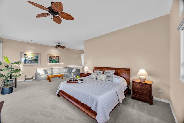 bedroom with baseboards, ornamental molding, and carpet