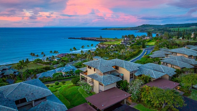 drone / aerial view with a residential view and a water view