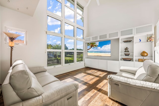 living room featuring dark hardwood / wood-style floors, a healthy amount of sunlight, and a high ceiling