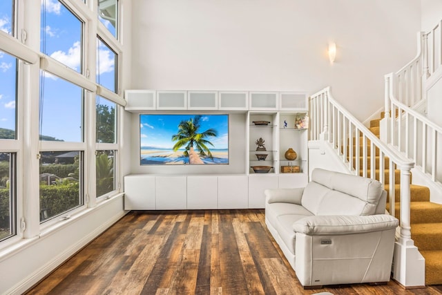 living room featuring a towering ceiling and dark wood-type flooring