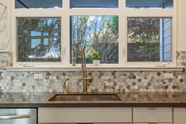 details featuring decorative backsplash, dishwasher, and sink