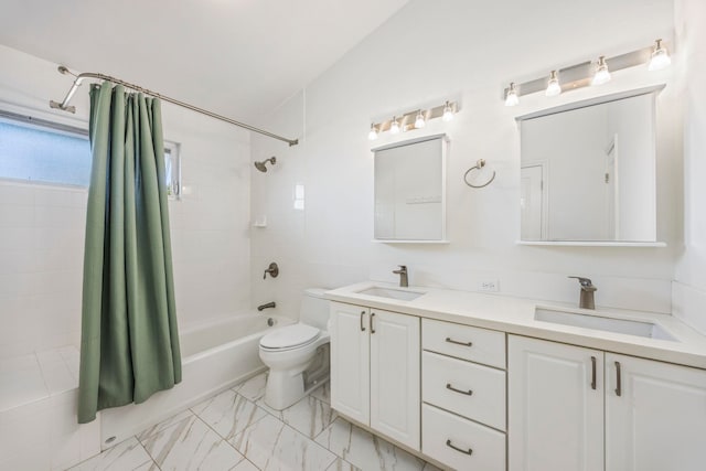 full bathroom with shower / bath combo, vanity, and toilet