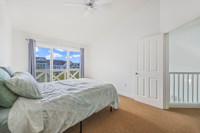 carpeted bedroom with ceiling fan and lofted ceiling