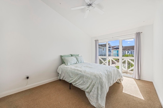 bedroom featuring ceiling fan, light colored carpet, and vaulted ceiling