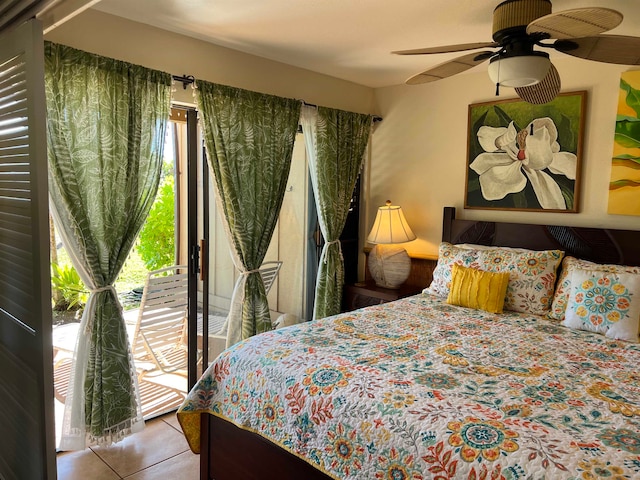 bedroom with light tile patterned floors, access to exterior, multiple windows, and ceiling fan