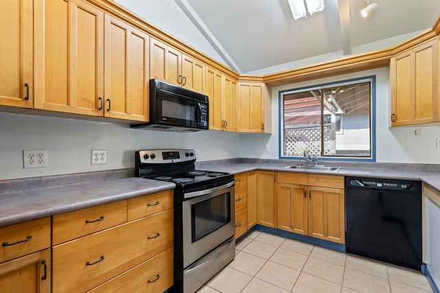 kitchen featuring black appliances, vaulted ceiling, light tile patterned floors, and sink