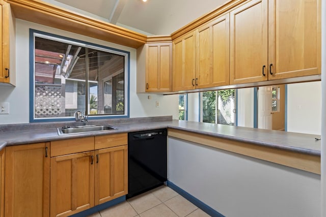 kitchen with sink, light tile patterned flooring, kitchen peninsula, and dishwasher