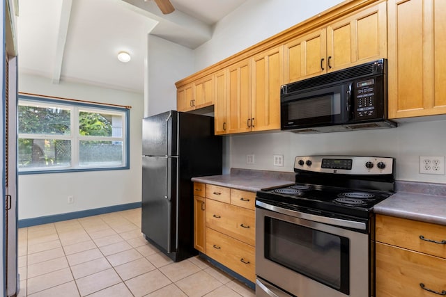 kitchen with light tile patterned flooring, black appliances, beamed ceiling, and ceiling fan