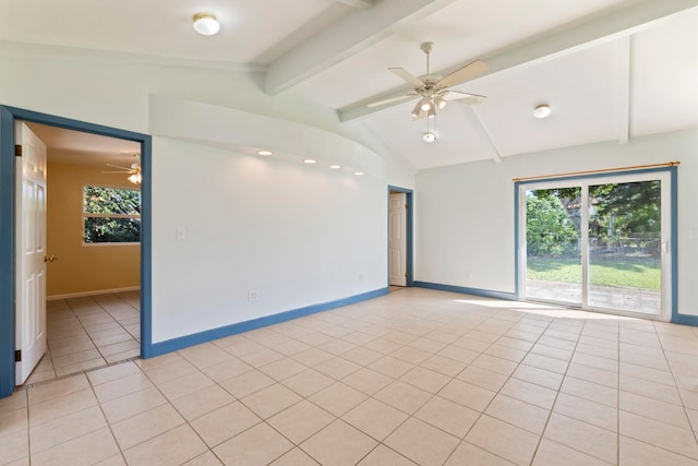 tiled spare room featuring ceiling fan and lofted ceiling with beams