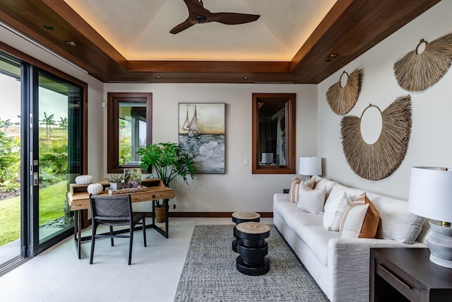 210 Naio Pl, Lahaina, HI 96761 - living room with a tray ceiling and a ceiling fan