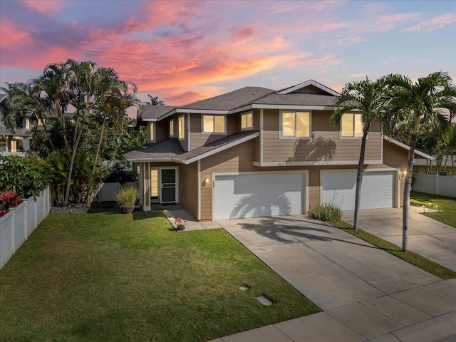 view of front of house featuring a garage and a lawn