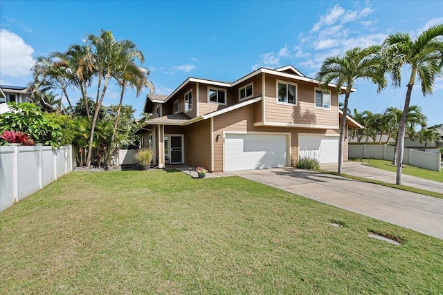 view of front of home with a garage and a front lawn