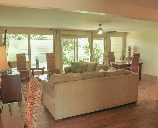 living room with hardwood / wood-style floors and ceiling fan