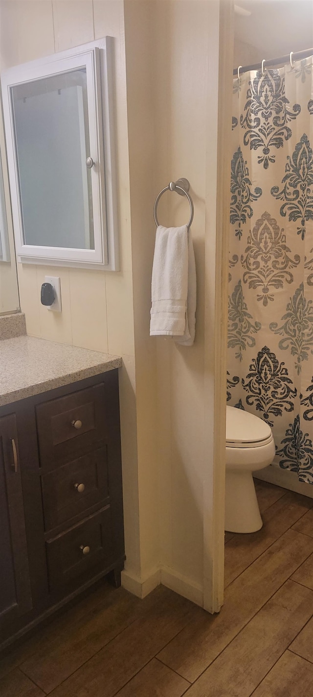 bathroom with vanity, toilet, and wood-type flooring