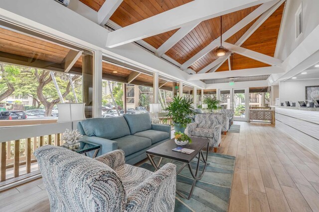 sunroom / solarium with lofted ceiling with beams, visible vents, and wood ceiling