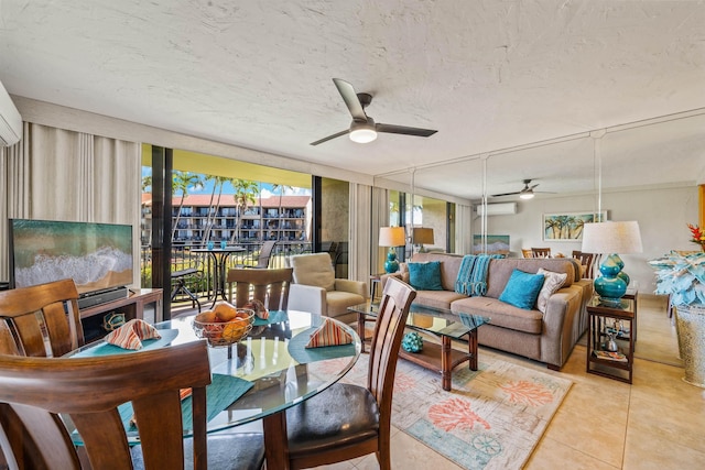 tiled dining area featuring a textured ceiling, a wall mounted AC, a ceiling fan, and floor to ceiling windows