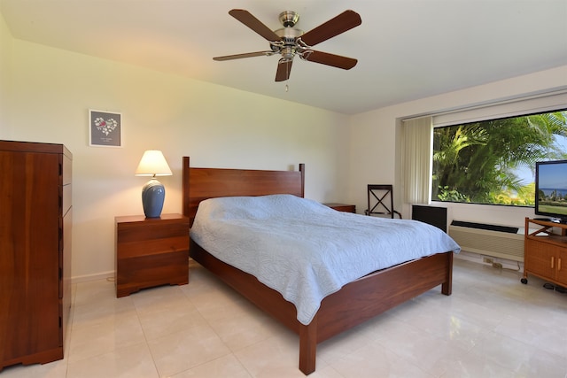 bedroom with light tile patterned floors and ceiling fan